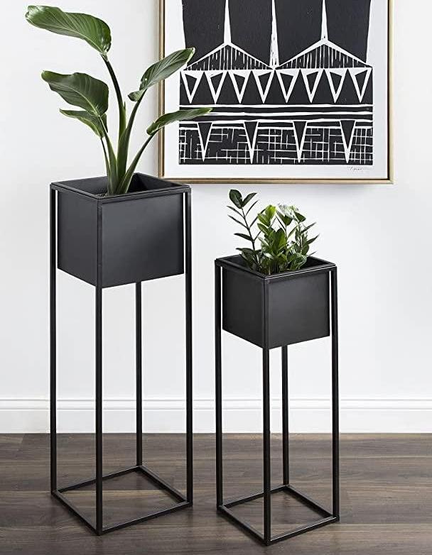 Square Black Metal Planter With Stand Set of 2